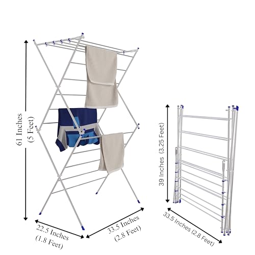 Image of Foldable Clothes Drying Stand | 3 Layer 16 Rod Stainless Steel Laundry Rack with 8 Hooks | Heavy Duty Indoor & Outdoor Cloth Dryer for Balcony, Home & Laundry Room - Blue