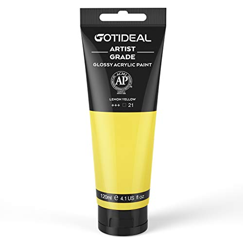 GOTIDEAL Acrylic Paint Lemon Yellow Tubes(120ml 4.1 oz) Non Toxic Non Fading Rich Pigments for Painters Ideal for Canvas Wood Clay Fabric Ceramic Craft Supplies (Lemon Yellow)