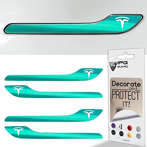 Image of IPG Compatible for Model 3 / Model Y /Juniper Door Handle Decal Sticker Wrap Kit (Set of 4) with Tesla Logo Personalize Your Tesla (Shiny Turquoise)