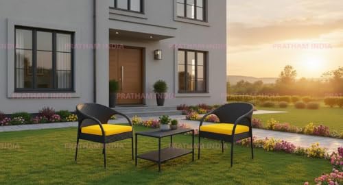 Image of India Garden Patio Seating Chair and Table Set Outdoor Balcony Garden Coffee Table Set Furniture with Table and Chairs Set (Black with Yellow Cushion 2+1)