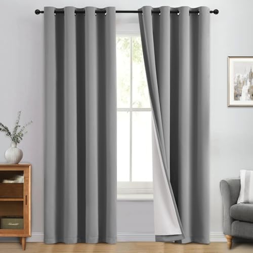 Image of Yakamok Dove Grey 100% Blackout Curtains 84 Inches Long 50 inch Wide 2 Panel | Blackout Curtain Panels for Bedroom, 2 Thick Layers Grommet Top Thermal Insulated Drapes with White Back for Living Room