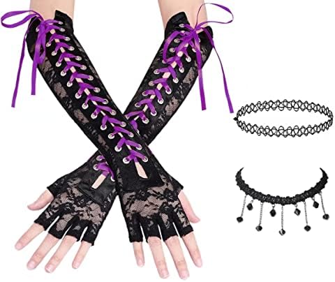 Miskon Sexy Fingerless Gloves Long Womens Lace up Arm Warmer Punk Halloween Party Purple