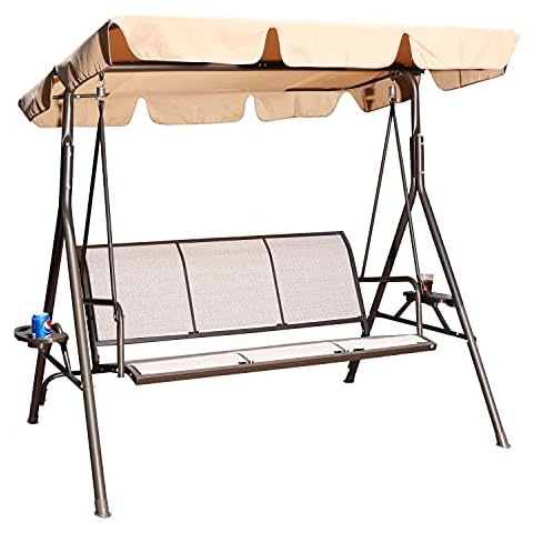GOLDSUN 3 Person Outdoor Weather Resistant Patio Glider Swing Hammock Chair w/ Utility Tray & Sunshade Canopy for Patio, Garden, Deck, or Pool, Taupe Cover