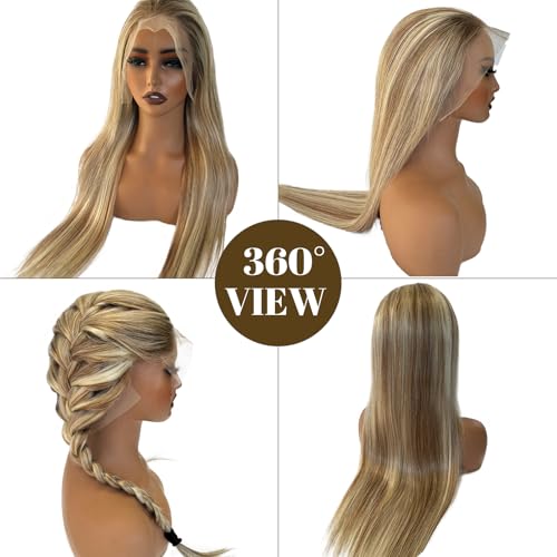 Image of Belaved 24 Inch Highlight Ombre Medium Brown Lace Front Wigs Human Hair Mix Blonde 13x6 Long Straight Balayage Blonde with Brown Roots 180% Density HD Lace Frontal Wig for Women Pre Plucked 8B60A