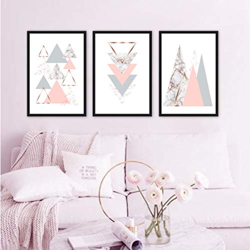 Kit 3 Quadros Geométrico Triângulo Cinza Mármore Grande Rosa 40x60 60x40 cm