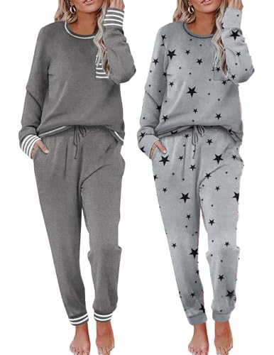 Ekouaer 2 Pack Womens Pajama Sets Long Sleeve Lounge Sets Soft Pj Sleepwear Loungewear Grey & Star Small