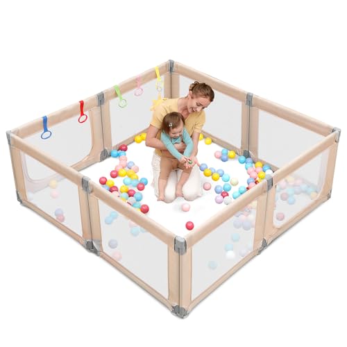 Image of Dripex Baby Playpen, 71 inchx69 inch Extra Large Play Pen for Babie, Beige | Foldable, Variable Shape, 8 Removable & Assemblable Panels, Breathable Visible Mesh, Indoor /Outdoor Use