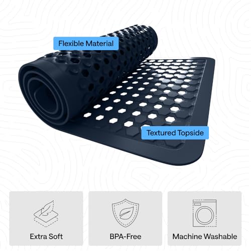 Image of GORILLA GRIP Patented Bath Tub Shower Mat, Machine Washable Bathtub Floor Liner Mats, Suction Cups and Drain Holes to Keep Tubs Clean, Soft on Feet, Bathroom Essentials, 35x16 Inch, Navy Opaque