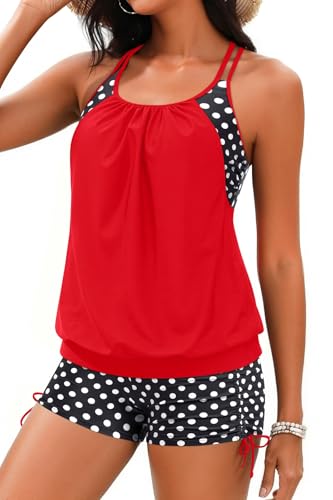 Image of Holipick Tankini Swimsuits Two Piece Tummy Control Bathing Suits Blouson Swim Tank Top with Boy Shorts
