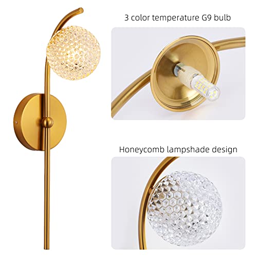 Image of Plug in Gold Wall Sconces - Adjustable Color Temperature Modern Wall Light Fixtures, Globe Wall Mounted Lamp with Brass Finish for Indoor Iiving Room Bedroom Bedside Hallway