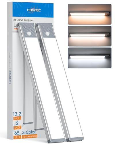 65 LED Under Cabinet Lighting 2 Packs, Dimmable Motion Sensor Closet Lights, 2500mAh Rechargeable Under Counter Lights, Wireless Lights for Drawer, Kitchen, Hallway, 3 Color Temperatures, 13.2 inch