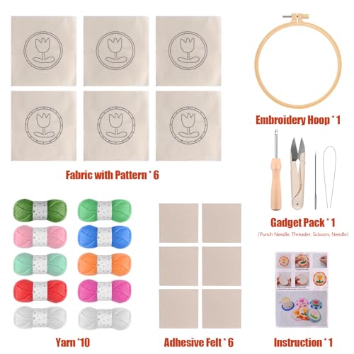 Image of CraftyManor Tulip Punch Needle Kit for Beginners with Pattern, Simple Paint with Yarn Punch Kit, Punch Needle Coaster Kit with Yarn, Needle, Punch Needle, Threader, Embroidery Hoop, Tufting Cloth