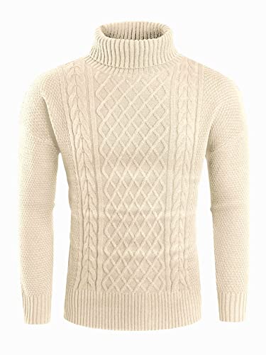 Angeun Mens Turtleneck Sweater Pullover Twisted Pattern Casual Loose Fit Thick Winter Long Sleeve Cable Knit Sweaters Khaki #TOP3