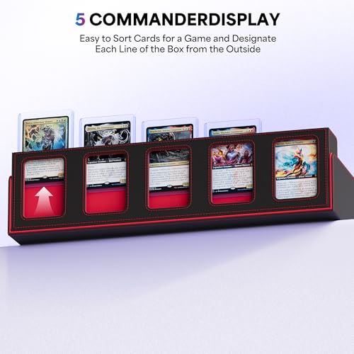 Image of UAONO Trading Card Storage Box with Commander Display;3900+ Card Box for MTG, Removable Cover; 5 Row Case fits MTG TCG Sports Cards 48 Dividers,5 Stoppers,5 Top Loaders,1 Dice Box(Black, Red)