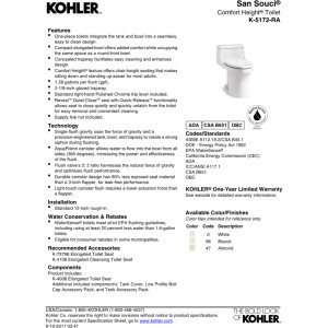 KOHLER K-5172-RA-96 San Souci Comfort Height Compact Elongated 1.28 GPF Toilet with AquaPiston Flushing Technology and Right-Hand Trip Lever, Biscuit, 1-Piece