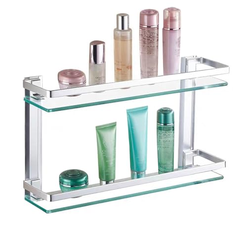 Mgchowue Glas Bad-Regal, 2 Etagen Glasablage Wandregal, Badezimmer Regal Badablage Ablageregal - mit Reling aus Chrom & 8mm Hartglas Badregal