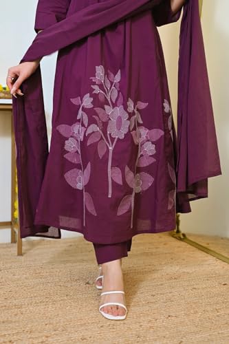 Image of Nermosa Women Solid A-line Kurta and Pant set With Dupatta | Women Kurta Set | Solid Suit | Embroidery Kurta Set |