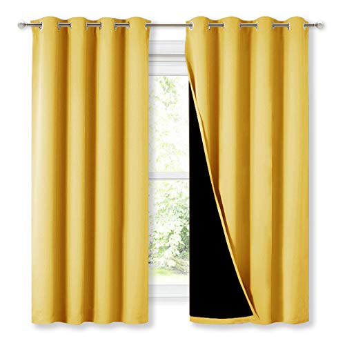 Image of NICETOWN Blackout Lined Curtains for Kitchen Window, Totally Darkness Drapes with Silver Grommet, Thermal Insulated Drapes for Master Bedroom (Bright Yellow, 1 Pair, 52 Width x 63 Length Each Panel)