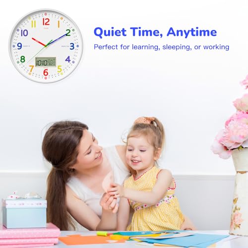 12" Silent Teaching Wall Clock with LCD Date Weekday Temperature Display – Tempered Glass, Non-Ticking Battery Operated Learning Clock for Kids Room, Classroom, Home Decor - Image 5