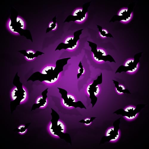 Tulov 24 Stück Halloween Dekoration,LED Fledermaus Lichter, 3D Lila Fledermaus Deko,LED Fledermauslichter,Fledermaus DIY Halloween Partyzubehör,Spukdeko mit gruseligem Effekt für Party Deko