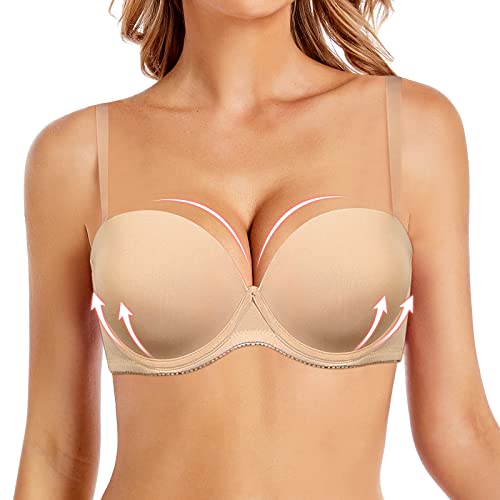 Women's Strapless Push Up Bra Underwired Thick Padded Low Cut T-Shirt Convertible Supportive Bras with Clear Straps