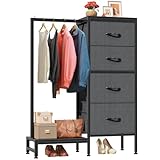 HIGDBFE Dresser with Hanging Rack, 4 Drawers Small Closet for Bedroom, Reversible Fabric Kids Chest of Drawers with Clothes Rack, Tall Storage Tower, Sturdy Frame, Grey, 44''H