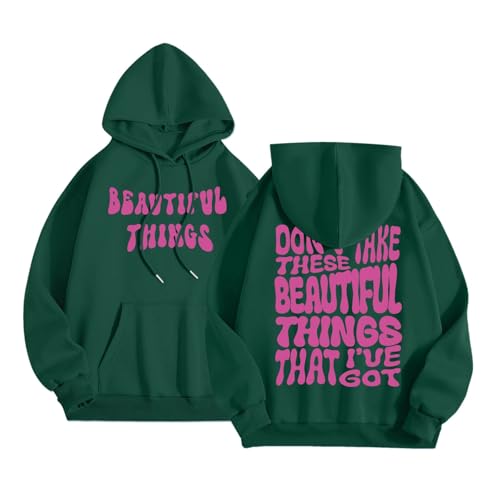 Image of Women's Don'T Take These Beautiful Things That I'Ve Got with Hood Hoodies Comfort Trendy Personalized Pullover Sweatshirts Loose Fit Graphic Letter Casual Sweaters Fall Plain Vintage Dark Green