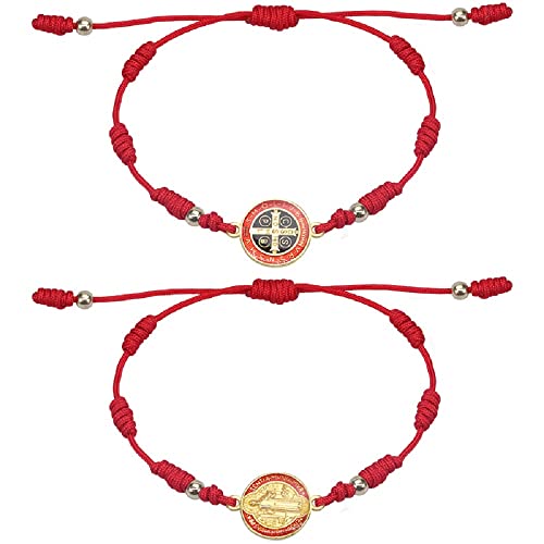 4pcs Red Knot Virgin Mary/Saint Benedict/Saint Jude String Bracelet Set Adjustable Cord Link Rosary Prayer Protection Medal for Women Lucky Catholic Religious Jewelry