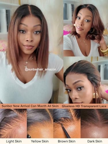 Image of Sunber Ombre Chestnut Brown Light Yaki Straight Bob Human Hair Wigs Pre Everything Pre Cut 13x4 HD Lace Front Glueless Bob Wig Put On and Go Brown Yaki Bob Wig Pre Bleached Invisible Knots 12Inch