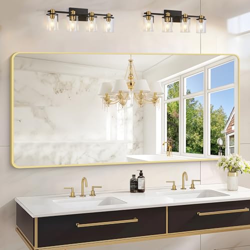 Image of 30 inchx60 inch Gold Bathroom Mirror, Large Rectangle Wall Mounted Mirror with Rounded Corner, Aluminum Metal Frame Vanity Mirror for Bathroom Bedroom Living Room