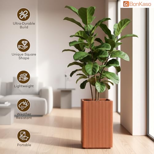 Image of BonKaso 18 Inch Rolex Tower Planter for Indoor & Outdoor Use | Tall Square Heavy Duty Polymer Flower Pot | Weather Resistant Modern Planter for Living Room, Balcony, Terrace & Office Decor (Bown)