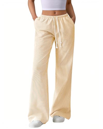 BTFBM Striped Wide Leg Pants for Women Spring Summer 2026 Drawstring Lounge PJ Beach Bottoms Casual Trousers Pockets(Yellow Medium)
