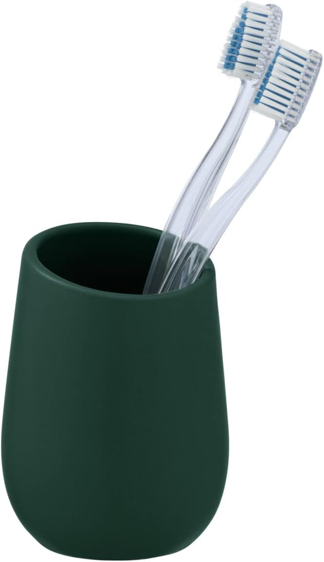WENKO Badi Toothbrush Holder, Drinking Cup Made Ceramic with Matte Surface, Cup for Toothbrush and Toothpaste, Ideal for Bathrooms and Guest Toilets, Diameter 8 × 11 cm, Dark Green