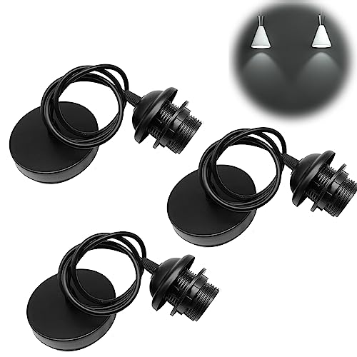 Behogan Lot de 3 suspensions de lampe E27, câble réglable de 100 cm avec anneau à vis amovible, suspension de lampe E27 avec anneau à vis, câble textile réglable, pour la maison, la cuisine, noir