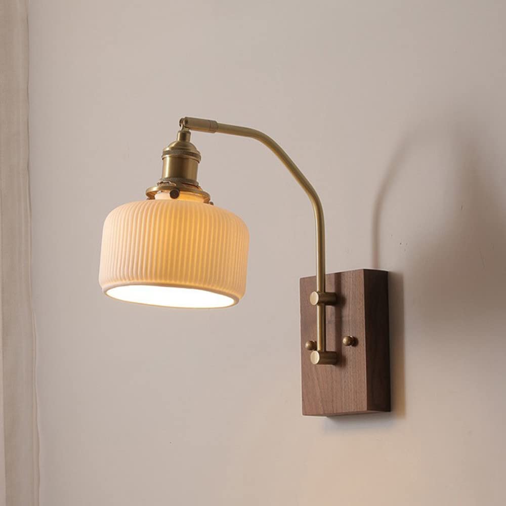 HYJAUSXB Wall Lamps Sconces Industrial Arm Light Rustic Walnut Mount Single Sconce with Ribbed Ceramic, Copper Bedside Reading Lamp Headboard Lighting Fixture, Living Decor Lights