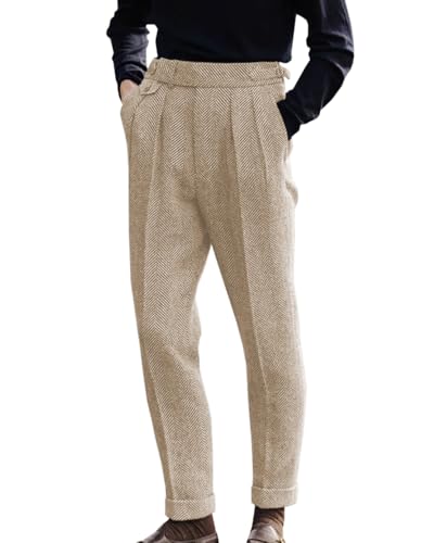 Men's High Waisted Tweed Dress Pants Pleated Front Vintage Wool Trousers (Champagne, 32W x 30L)