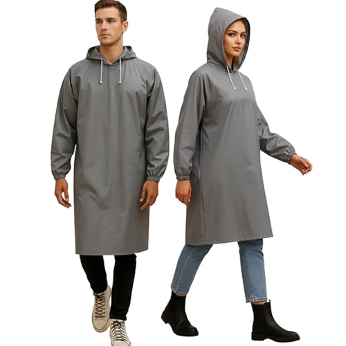 Image of HACER EVA Raincoat 110 GSM with Adjustable Hood Full Sleeves Universal Size Long Length Lightweight Waterproof Outdoor Rainwear for Camping Trekking Hiking Men & Women (Pack of 1, Grey)
