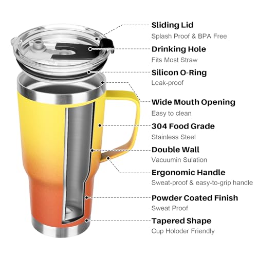 Image of 20 oz Tumbler with Handle, Stainless Steel Insulated Tumbler with Lid and Straw, Double Wall Vacuum Coffee Mug Tumbler, Insulated Coffee Thermal Cup for Cold and Hot (Yellow Orange, 20 Ounces)