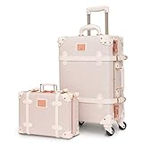 urecity Designer Vintage Trunk Combination Luggage Sets of 2 Piece, Hard Shell Retro Travel Suitcase with Wheels (Rose White, 26'+12')