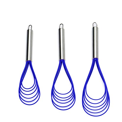 Flat Whisk Set,Stainless Steel 3 Pack 10''+11''+12'' Premium Sturdy-6 Silicone Heads Non Stick Wires Whisk for Blending Beating Stirring Kitchen Cooking by Jell-Cell (Blue)