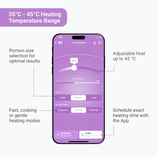 BABYBOO Tragbarer Babykostwärmer mit extra Innenschalen | Babynahrung mit Akku, App-Steuerung, 70 W, LED-Ring, bis zu 45 °C, abnehmbarer Behälter, USB-C – Zuhause und Reisen