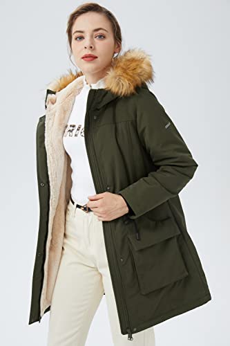 Orolay Damen-Parka mit Dickem Fleece-Futter Wintermantel Kapuzenjacke und Abnehmbarem Pelzkragen Olivgrün S
