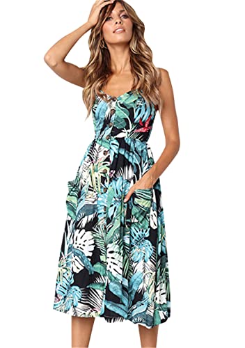 Image of YMING Womens Summer Spaghetti Strap Dresses Button Down Floral Sundress High Waist Swing Midi Dress with Pockets