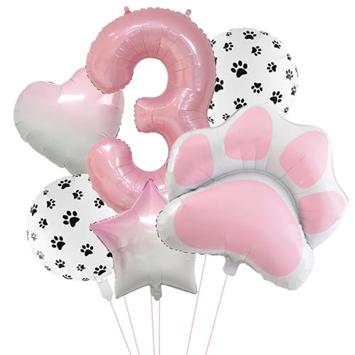 Image of 3rd Birthday Dog Paw Balloons Set,18'' Paw Prints, Heart,Star,Paw Shaped Foil Balloon 40 Inch Pink Number 3 Helium balloons for Puppy Themed Third Anniversary Birthday Party Decorations Supplies 6PCS