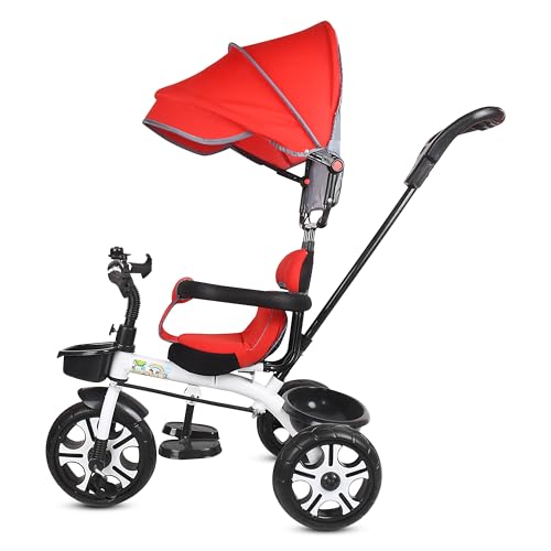 Image of BABY SMILE 4-in-1 Kids Tricycle with Adjustable Canopy, Parent Push Handle, Red and White (RED)