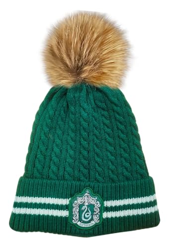 Licensed Harry Potter Slytherin Cable Knit Ski Hat Beanie with Detachable Faux Fur Pom Pom – Unisex Winter Cap for Adults & Teens, Green