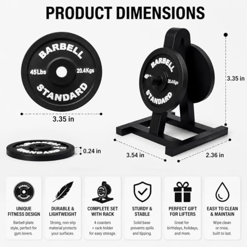Weight Plate Coaster Set with Rack Holder, Barbell Drink Coasters - Image 2