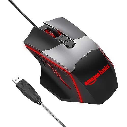 Image of AmazonBasics USB Wired Blue Track and Blue Sensor, Ergonomic Gaming Mouse with 7 Programmable Keys | 6400 DPI