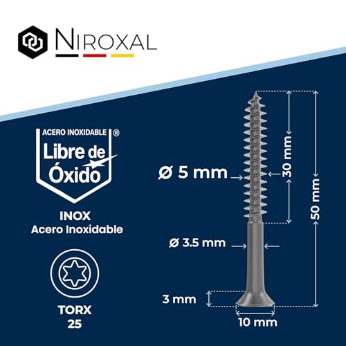 Miniatura 2 de Tornillos Torx De Acero Inoxidable V2a, Para Madera Y Tableros De Partículas, 5 X 50 Mm, Con Rosca Parcial De 5 Mm De Grosor, 50 Mm De Longitud, 100 Tornillos Inoxidables A2 Para Madera