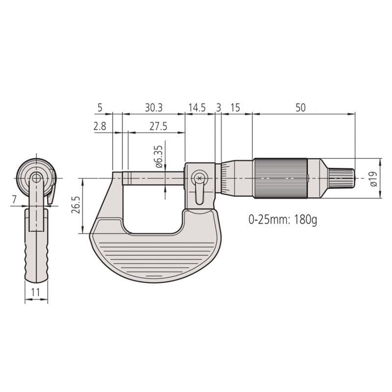 Technical drawing of Mitutoyo 102-707 Micrometer with dimensions